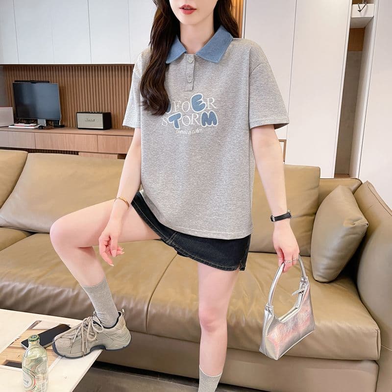실사 180g 남자 바 면 반팔 티셔츠 여성 여름 얇은 스타일 데님 패치워크 POLO 칼라 루즈핏 작은 키 맨위 상세 이미지 15