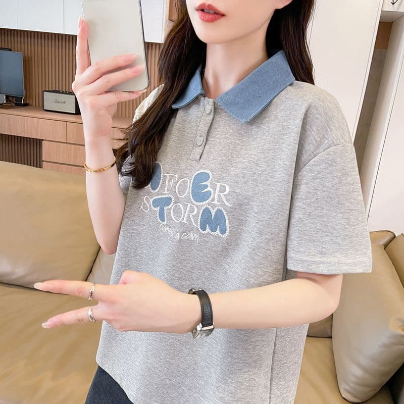 실사 180g 남자 바 면 반팔 티셔츠 여성 여름 얇은 스타일 데님 패치워크 POLO 칼라 루즈핏 작은 키 맨위 상세 이미지 18