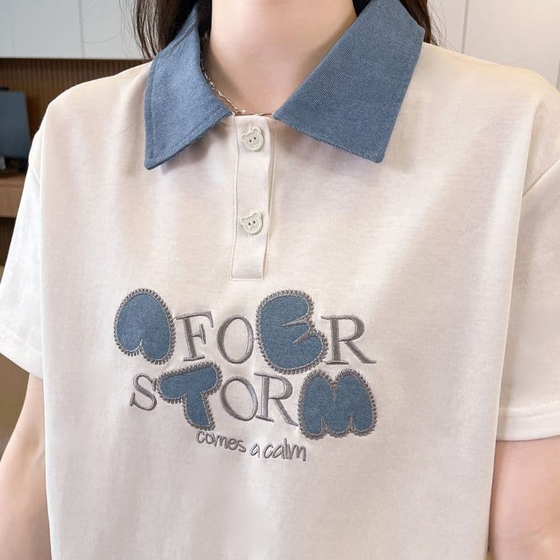 실사 180g 남자 바 면 반팔 티셔츠 여성 여름 얇은 스타일 데님 패치워크 POLO 칼라 루즈핏 작은 키 맨위 상세 이미지 22