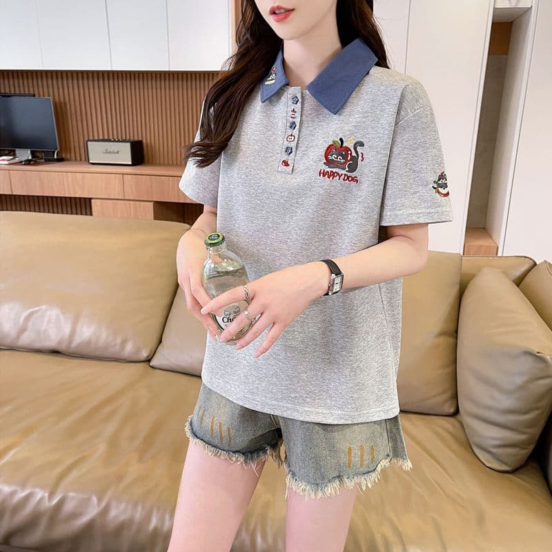 실사 180g 남자 바 면 반팔 티셔츠 여성 여름 얇은 스타일 무거운 작업 자수 POLO 칼라 루즈핏 작은 키 맨위 상세 이미지 24