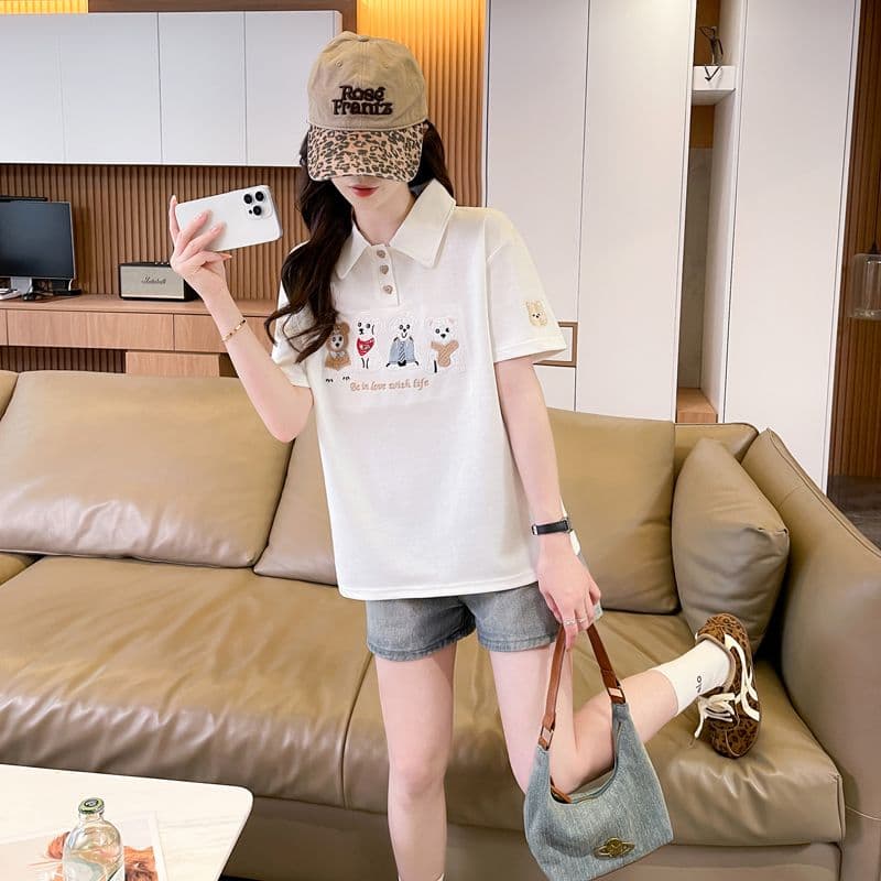 실사 180g 남자 바 면 반팔 티셔츠 여성 여름 얇은 스타일 무거운 작업 자수 POLO 칼라 루즈핏 작은 키 맨위 상세 이미지 6