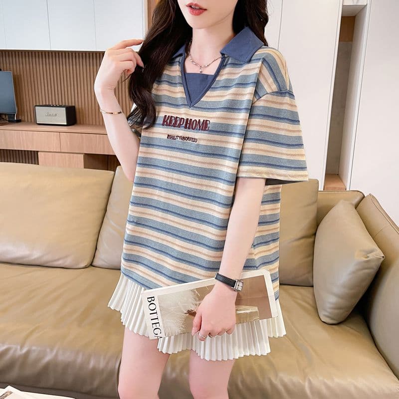 실사 70 면 30 폴리 에스터 원본 품질 반팔 티셔츠 여성 여름 얇은 스타일 POLO 칼라 루즈핏 작은 키 맨위 이미지 4