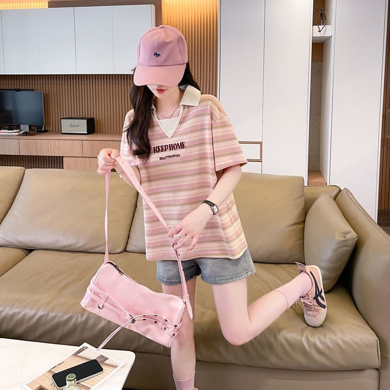 실사 70 면 30 폴리 에스터 원본 품질 반팔 티셔츠 여성 여름 얇은 스타일 POLO 칼라 루즈핏 작은 키 맨위 상세 이미지 6