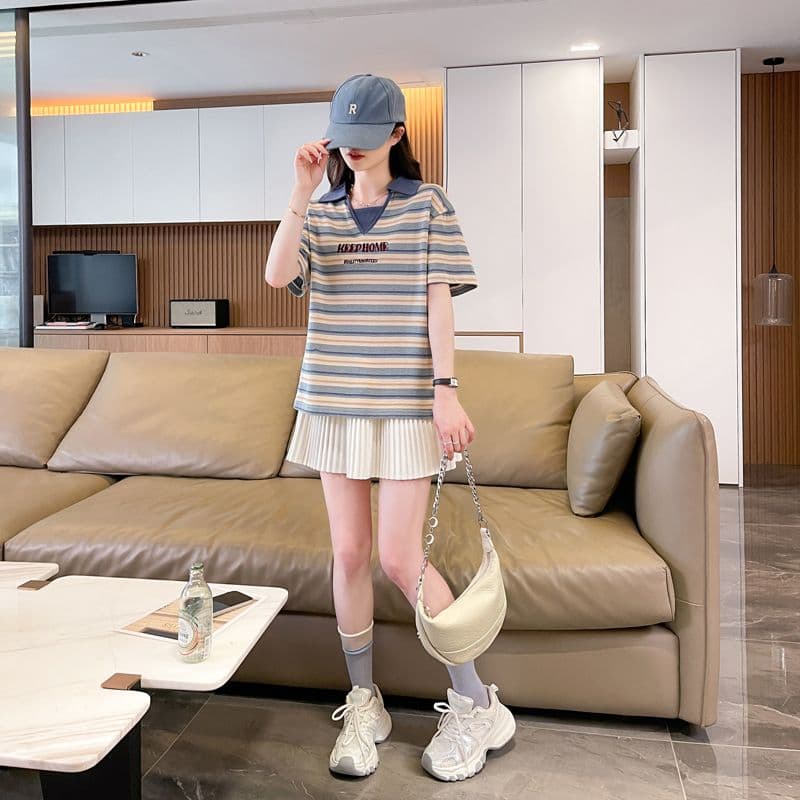 실사 70 면 30 폴리 에스터 원본 품질 반팔 티셔츠 여성 여름 얇은 스타일 POLO 칼라 루즈핏 작은 키 맨위 상세 이미지 13