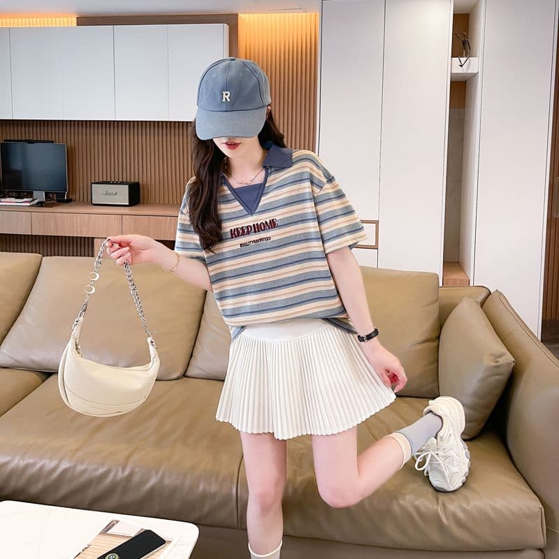 실사 70 면 30 폴리 에스터 원본 품질 반팔 티셔츠 여성 여름 얇은 스타일 POLO 칼라 루즈핏 작은 키 맨위 상세 이미지 14