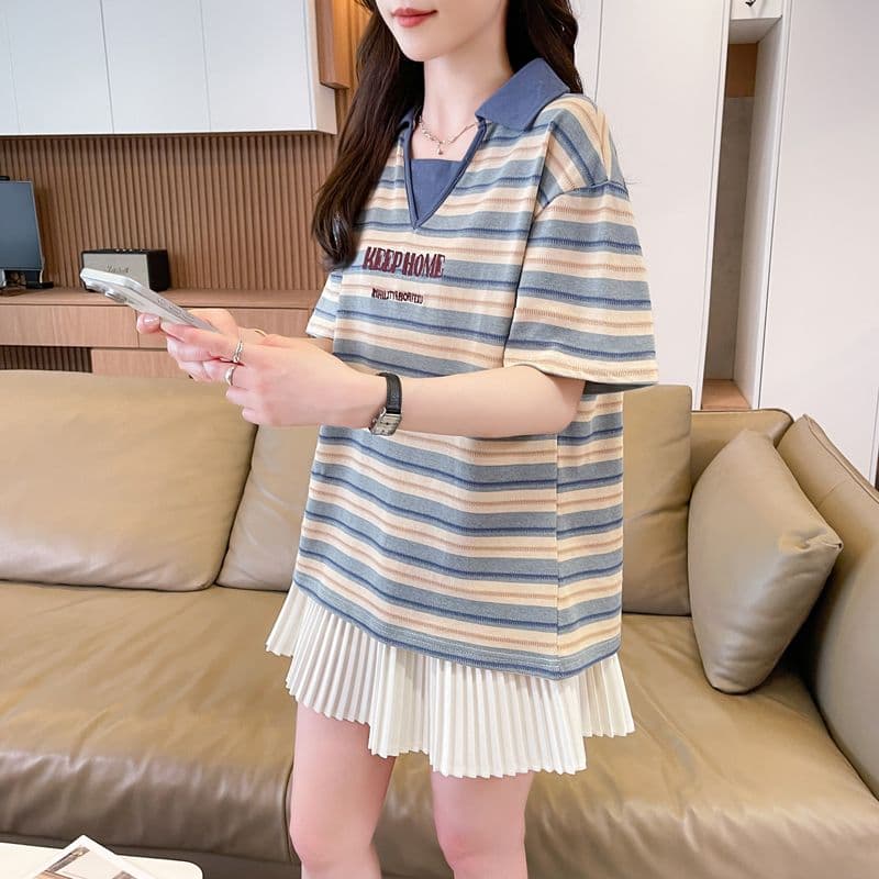 실사 70 면 30 폴리 에스터 원본 품질 반팔 티셔츠 여성 여름 얇은 스타일 POLO 칼라 루즈핏 작은 키 맨위 상세 이미지 17