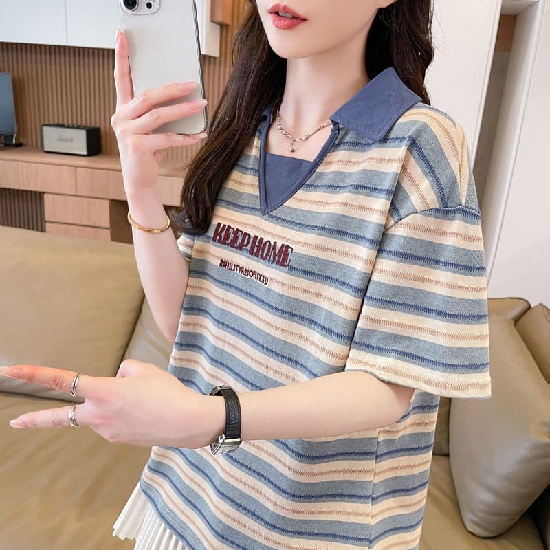 실사 70 면 30 폴리 에스터 원본 품질 반팔 티셔츠 여성 여름 얇은 스타일 POLO 칼라 루즈핏 작은 키 맨위 상세 이미지 18