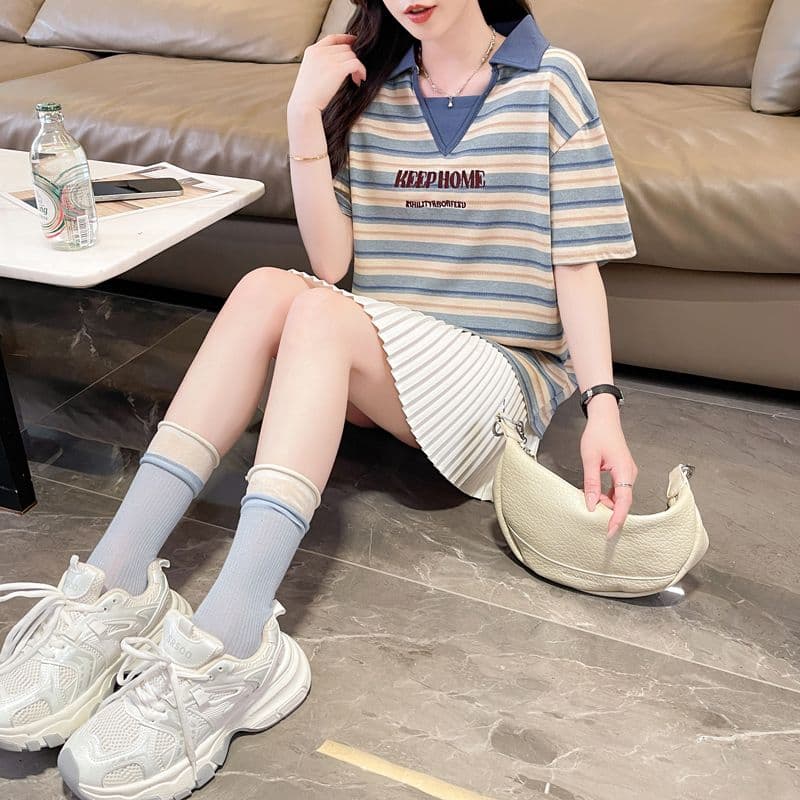 실사 70 면 30 폴리 에스터 원본 품질 반팔 티셔츠 여성 여름 얇은 스타일 POLO 칼라 루즈핏 작은 키 맨위 상세 이미지 20
