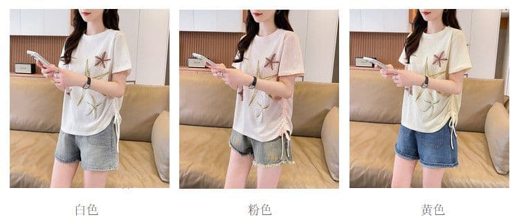실사 얼음 센스 눈꽃 면 사탕 색상 반팔 셔츠 여성 여름 드레스 반팔 얇은 스타일 스트랩 루즈핏 작은 키 맨위 상세 이미지 4