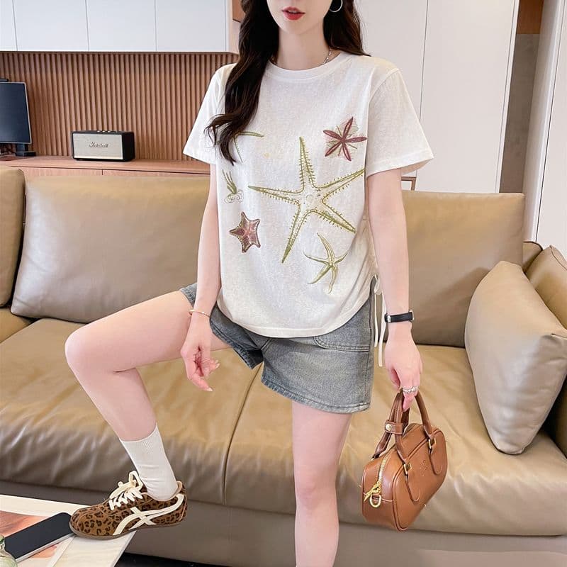 실사 얼음 센스 눈꽃 면 사탕 색상 반팔 셔츠 여성 여름 드레스 반팔 얇은 스타일 스트랩 루즈핏 작은 키 맨위 상세 이미지 9