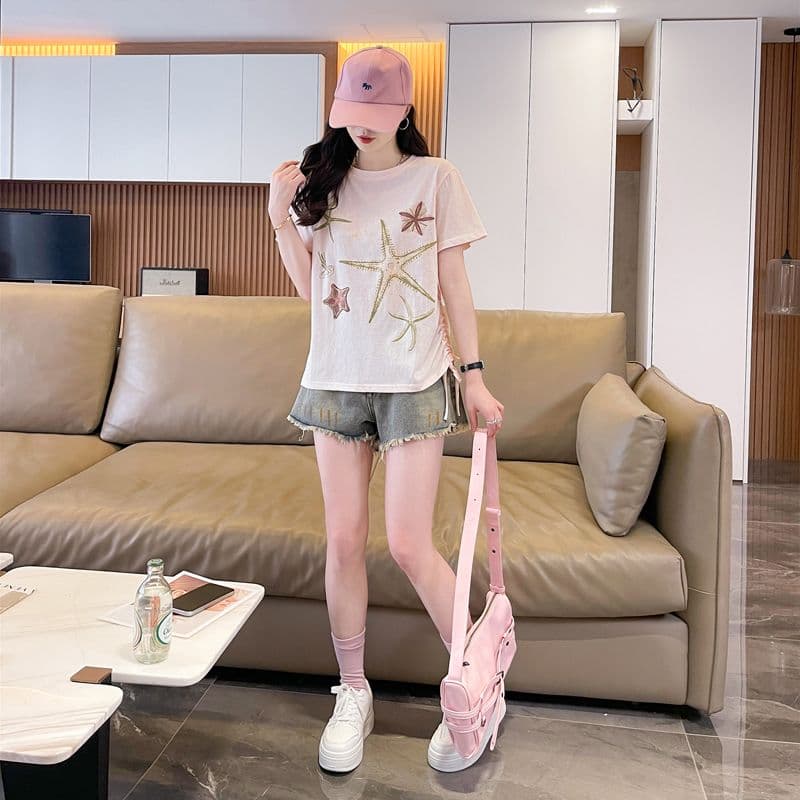 실사 얼음 센스 눈꽃 면 사탕 색상 반팔 셔츠 여성 여름 드레스 반팔 얇은 스타일 스트랩 루즈핏 작은 키 맨위 상세 이미지 13
