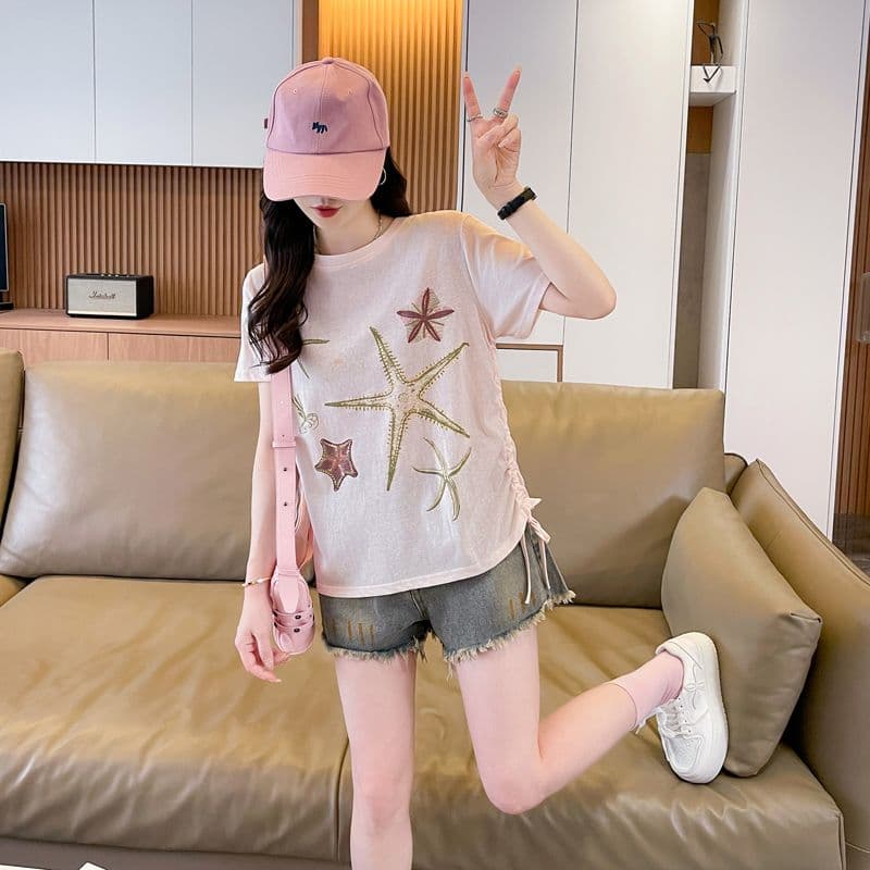 실사 얼음 센스 눈꽃 면 사탕 색상 반팔 셔츠 여성 여름 드레스 반팔 얇은 스타일 스트랩 루즈핏 작은 키 맨위 상세 이미지 14