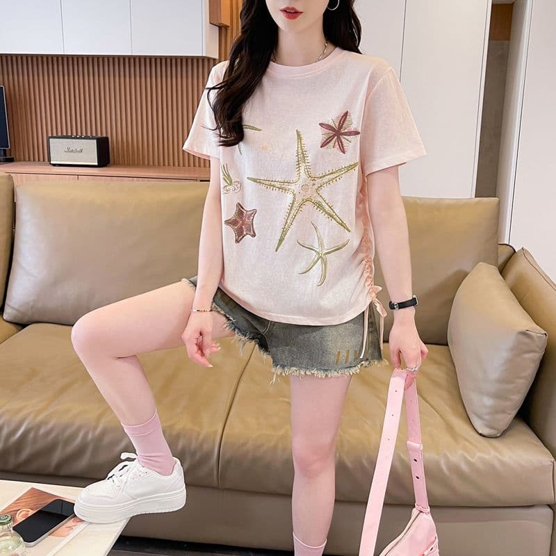 실사 얼음 센스 눈꽃 면 사탕 색상 반팔 셔츠 여성 여름 드레스 반팔 얇은 스타일 스트랩 루즈핏 작은 키 맨위 상세 이미지 15