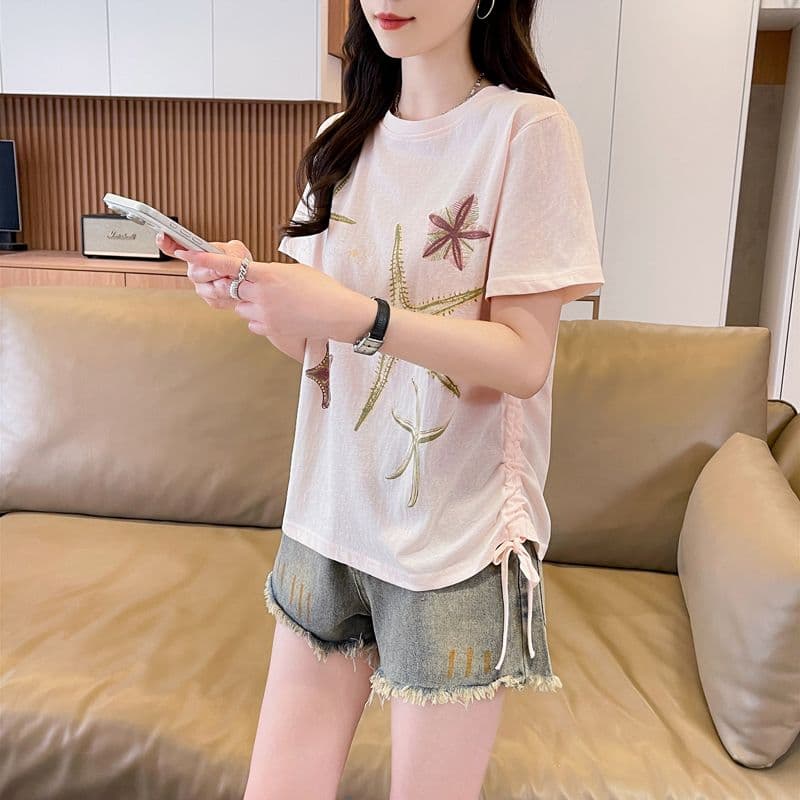 실사 얼음 센스 눈꽃 면 사탕 색상 반팔 셔츠 여성 여름 드레스 반팔 얇은 스타일 스트랩 루즈핏 작은 키 맨위 상세 이미지 17