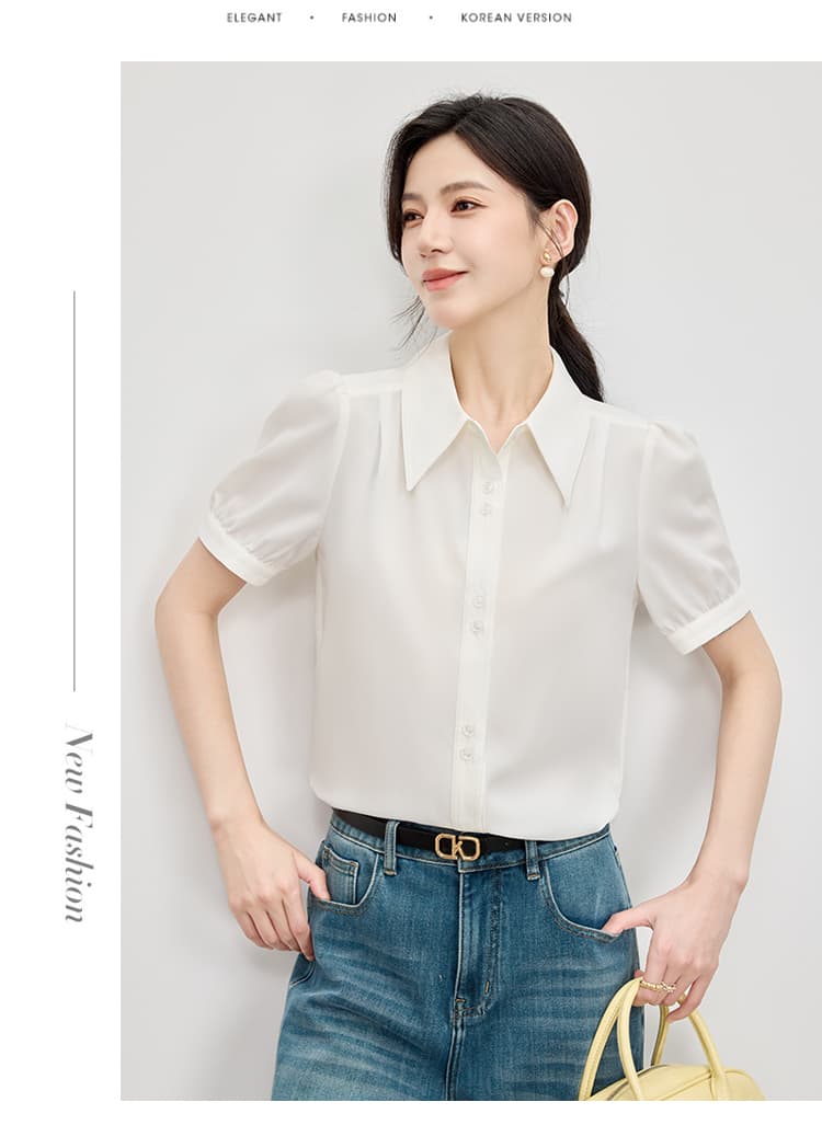 2026 년 여름 화이트 폴로 칼라 미니멀리즘 반팔 셔츠 루즈핏 슬림해 보이는 패션 연령 감소 품격 다용도 맨위 여성 상세 이미지 12