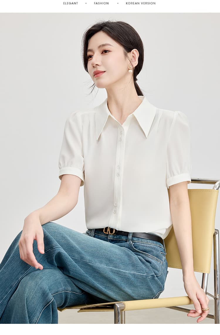 2026 년 여름 화이트 폴로 칼라 미니멀리즘 반팔 셔츠 루즈핏 슬림해 보이는 패션 연령 감소 품격 다용도 맨위 여성 상세 이미지 13