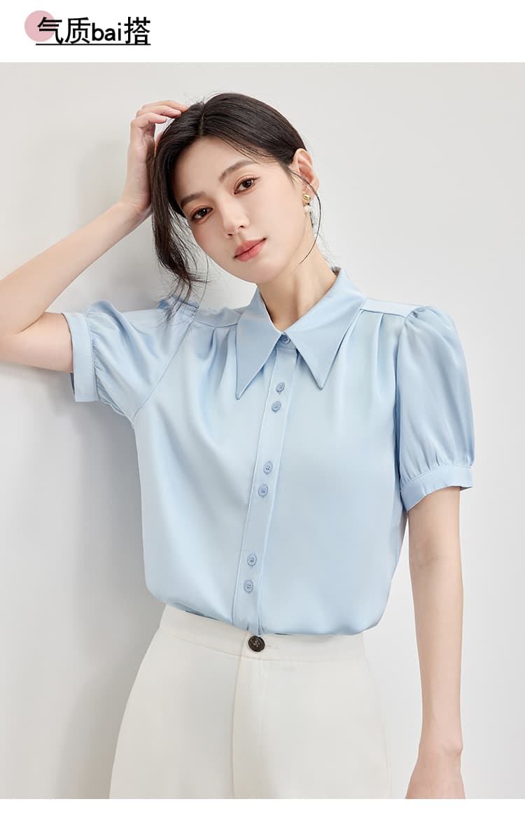 2026 년 여름 화이트 폴로 칼라 미니멀리즘 반팔 셔츠 루즈핏 슬림해 보이는 패션 연령 감소 품격 다용도 맨위 여성 상세 이미지 4