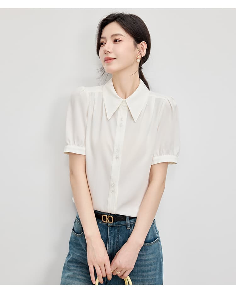 2026 년 여름 화이트 폴로 칼라 미니멀리즘 반팔 셔츠 루즈핏 슬림해 보이는 패션 연령 감소 품격 다용도 맨위 여성 상세 이미지 18
