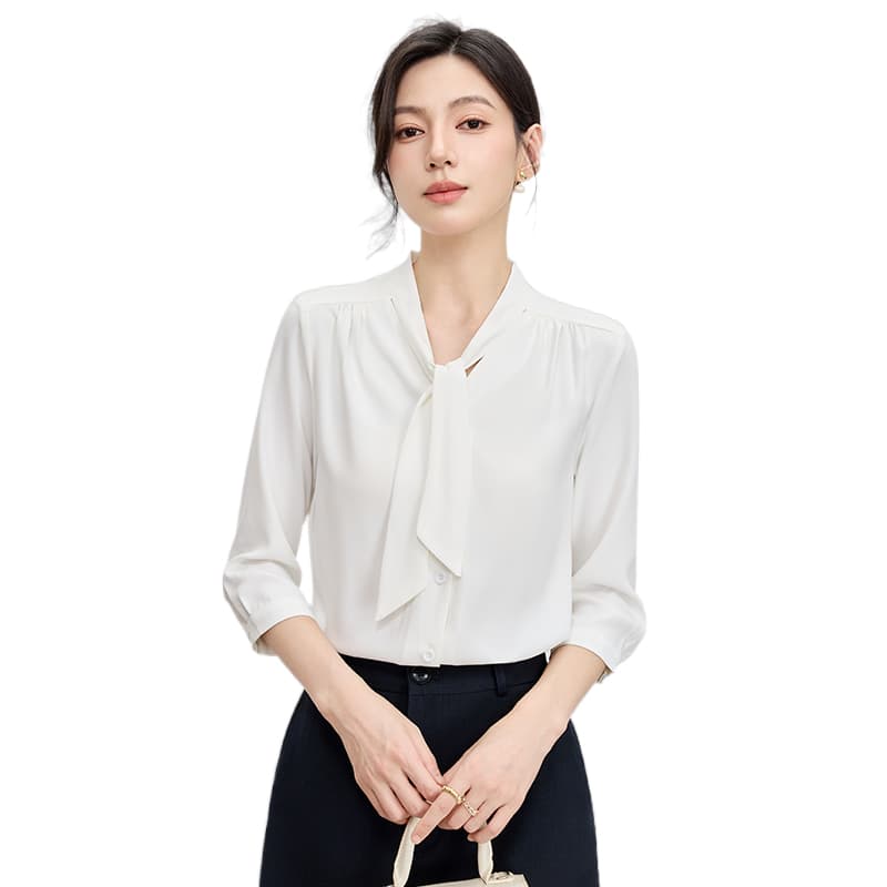2026 새로운 고급 다용도 루즈핏 출퇴근 리본 맨위 미니멀리즘 품격 7부 소매 여성 셔츠 여름 얇은 스타일 이미지 6