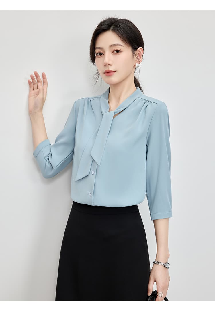 2026 새로운 고급 다용도 루즈핏 출퇴근 리본 맨위 미니멀리즘 품격 7부 소매 여성 셔츠 여름 얇은 스타일 상세 이미지 16