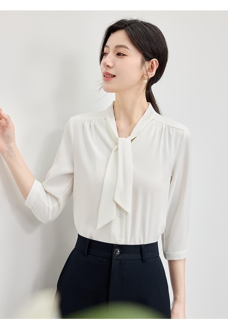 2026 새로운 고급 다용도 루즈핏 출퇴근 리본 맨위 미니멀리즘 품격 7부 소매 여성 셔츠 여름 얇은 스타일 상세 이미지 24