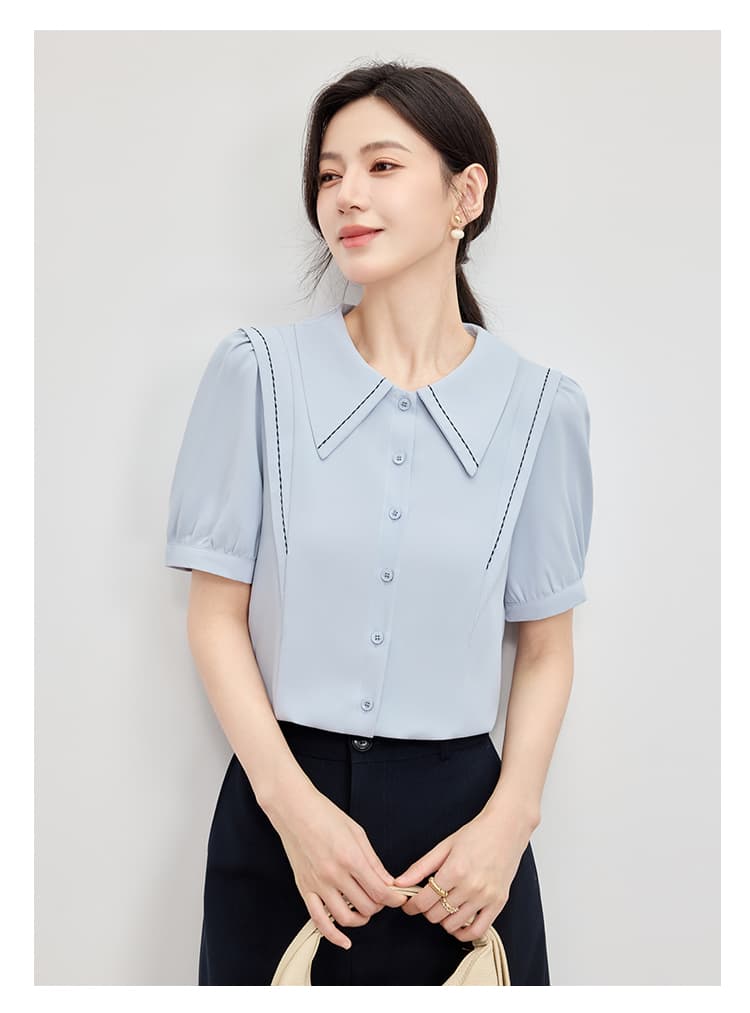 2026 여름 새로운 베이비 칼라 출퇴근 디자인 센스 패션 연령 감소 슬림해 보이는 외국 가스 새틴 셔츠 반팔 맨위 상세 이미지 23
