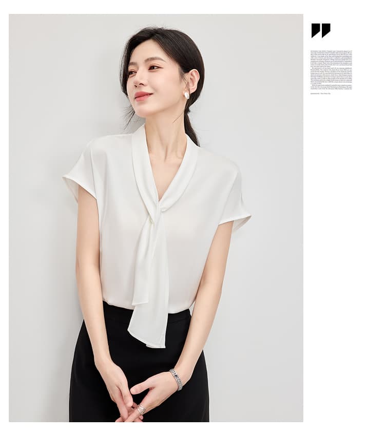 2026 여름 새틴 프랑스식 반팔 리본 여성 셔츠 V넥 새로운 품격 경력 출퇴근 작은 날다 소매 맨위 상세 이미지 13