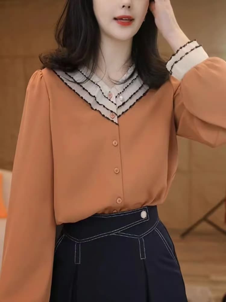 2026 가을 켜기 새로운 프랑스식 디자인 센스 품격 빛 요리 한 바람 셔츠 배색 레이스 디자인 센스 프랑스식 여성 셔츠 이미지 4
