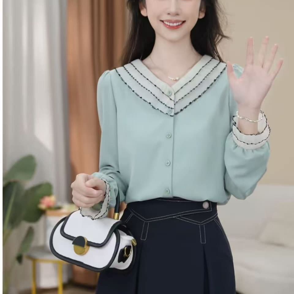 2026 가을 켜기 새로운 프랑스식 디자인 센스 품격 빛 요리 한 바람 셔츠 배색 레이스 디자인 센스 프랑스식 여성 셔츠 이미지 5