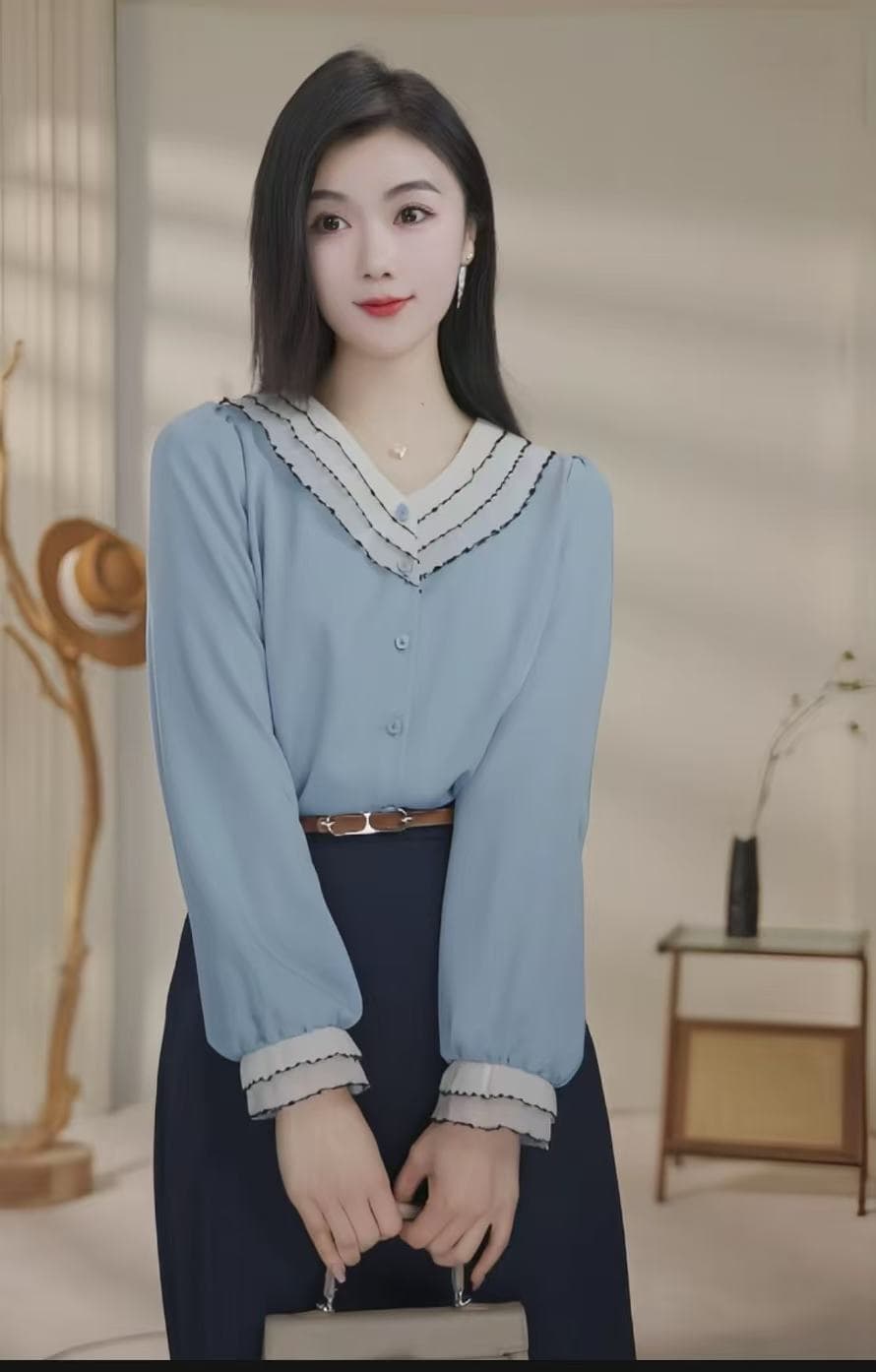 2026 가을 켜기 새로운 프랑스식 디자인 센스 품격 빛 요리 한 바람 셔츠 배색 레이스 디자인 센스 프랑스식 여성 셔츠 상세 이미지 3