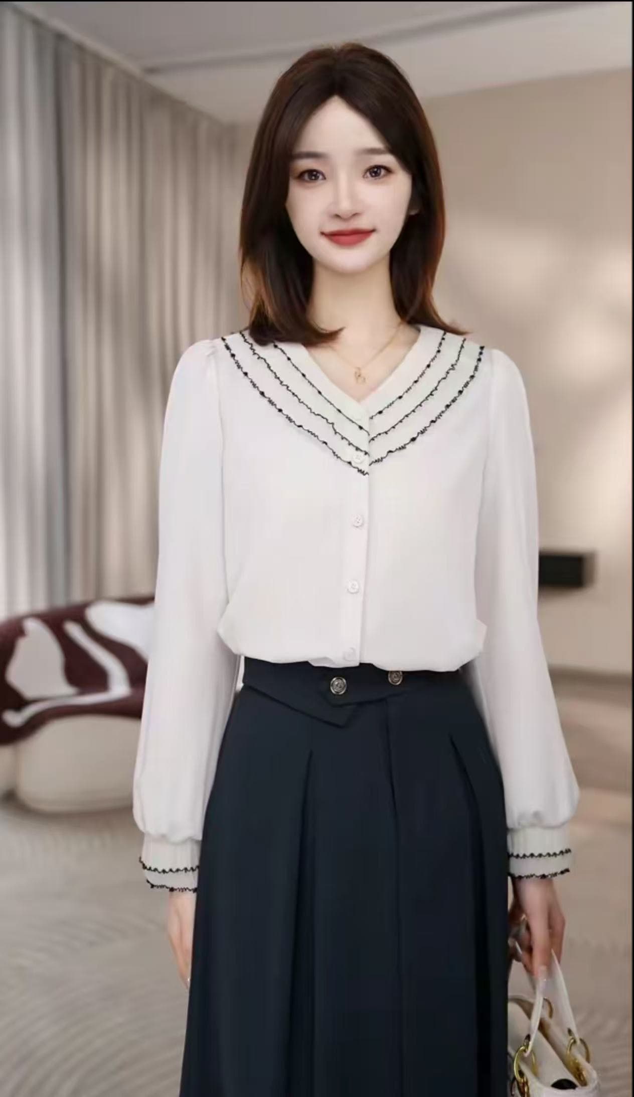 2026 가을 켜기 새로운 프랑스식 디자인 센스 품격 빛 요리 한 바람 셔츠 배색 레이스 디자인 센스 프랑스식 여성 셔츠 상세 이미지 8