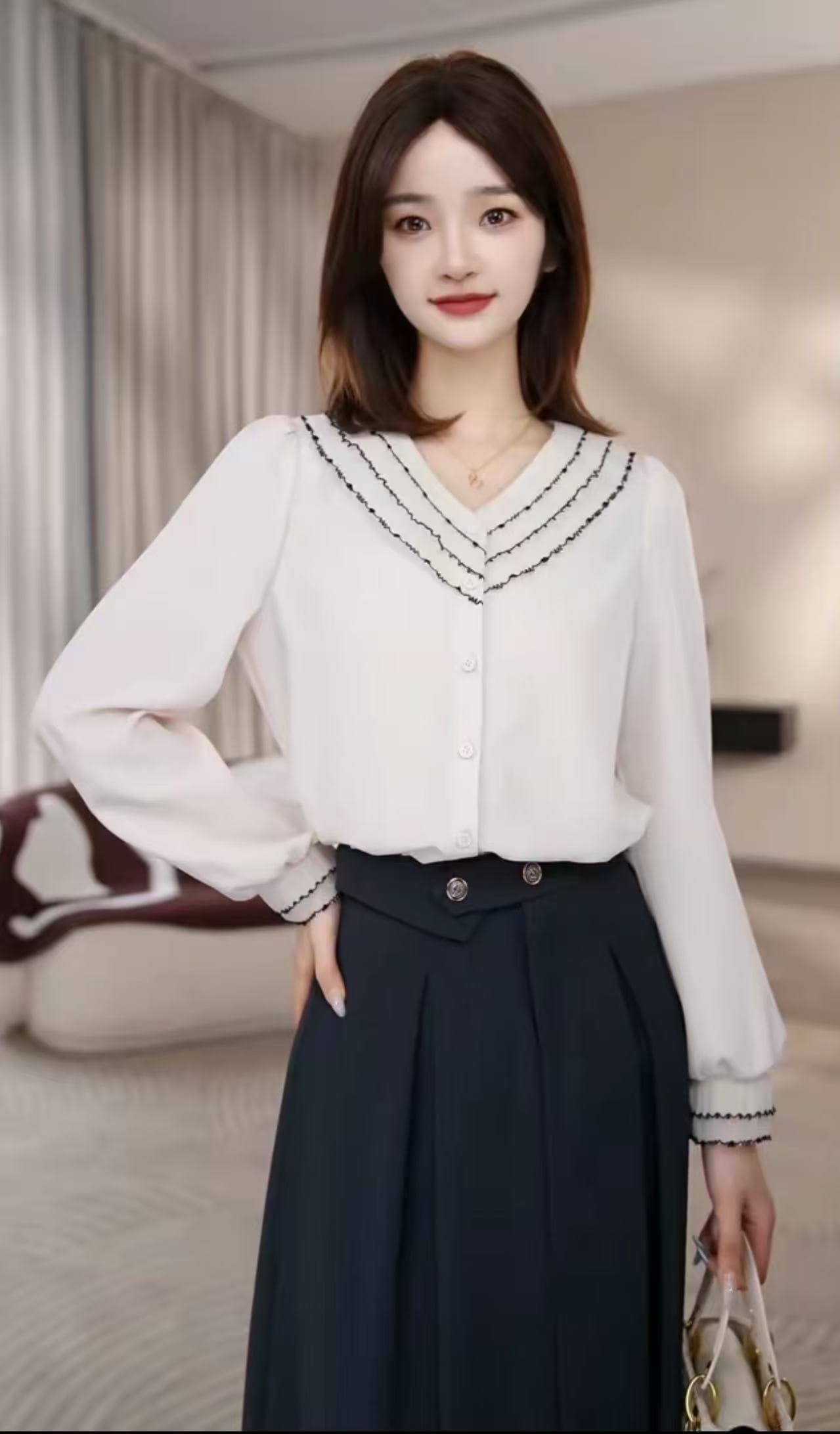 2026 가을 켜기 새로운 프랑스식 디자인 센스 품격 빛 요리 한 바람 셔츠 배색 레이스 디자인 센스 프랑스식 여성 셔츠 상세 이미지 10
