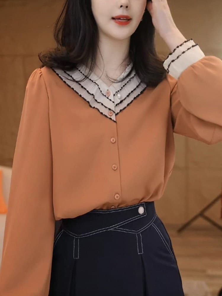 2026 가을 켜기 새로운 프랑스식 디자인 센스 품격 빛 요리 한 바람 셔츠 배색 레이스 디자인 센스 프랑스식 여성 셔츠 상세 이미지 11