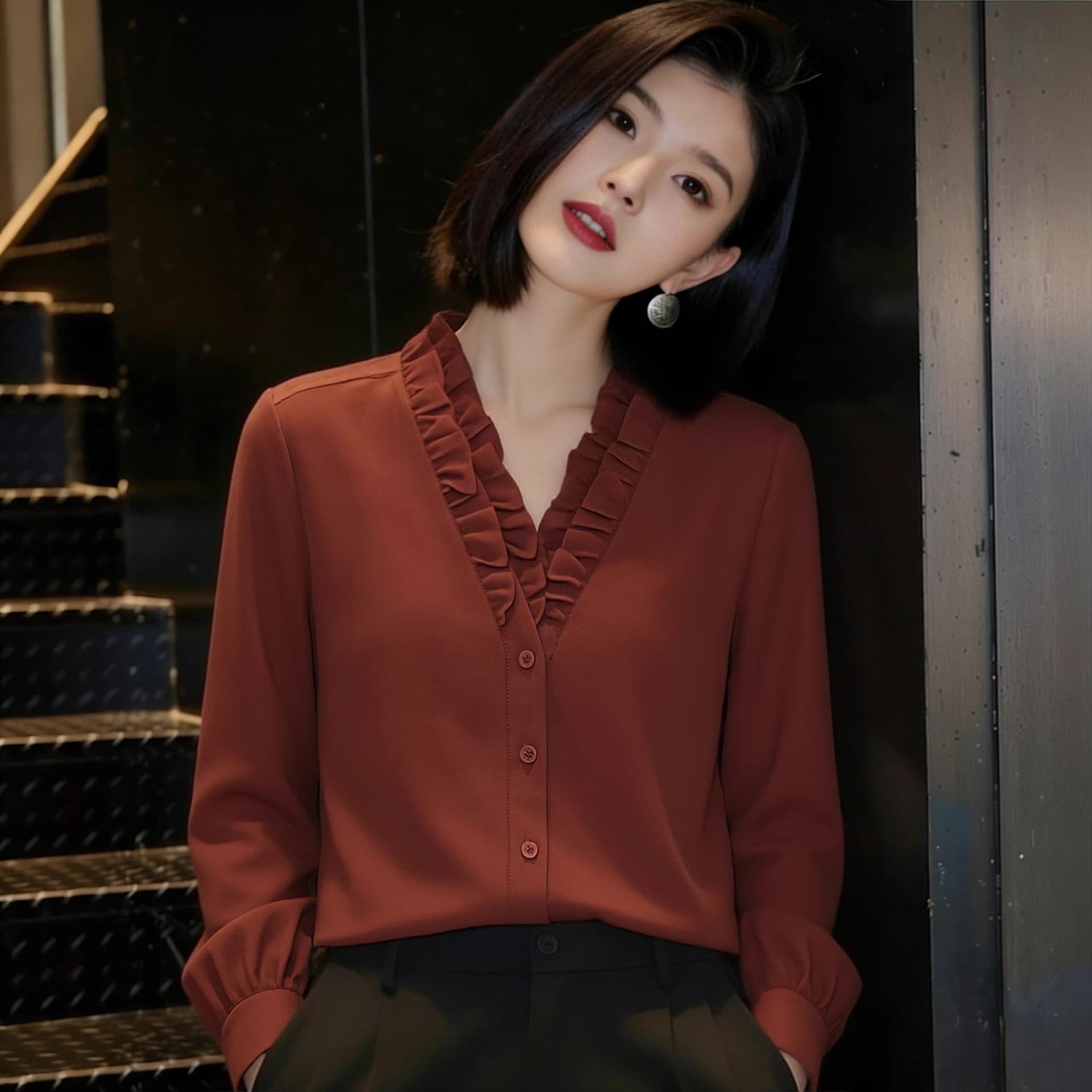 2026 가을 새로운 긴팔 여성 셔츠 다용도 루즈핏 레이스 V넥 슬림해 보이는 맨위 풀오버 품격 셔츠 이미지 4