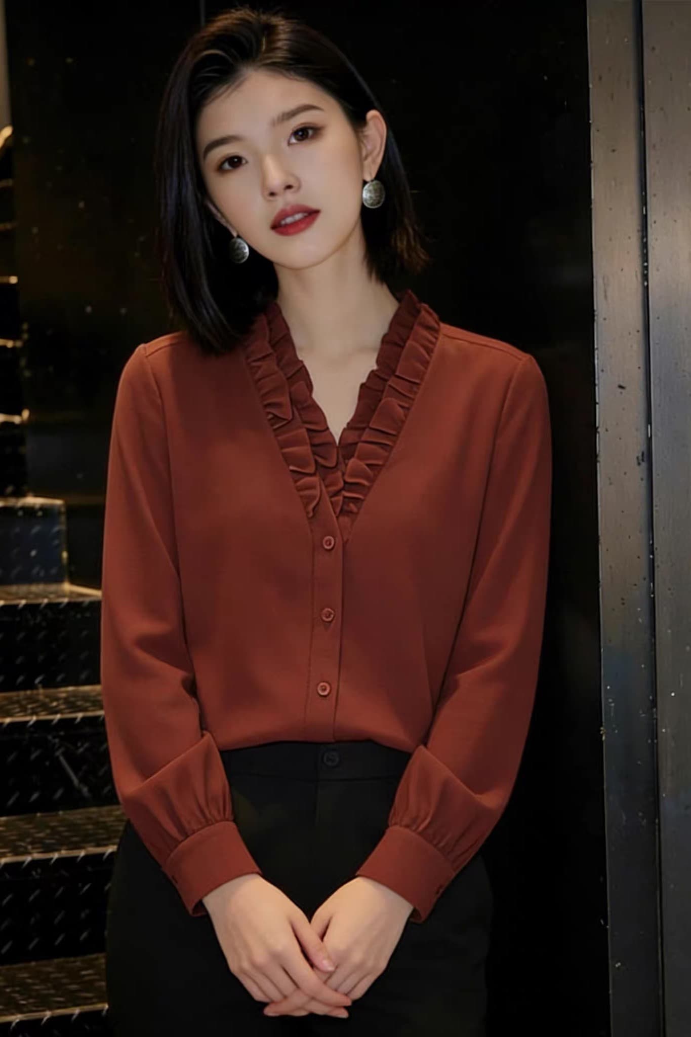 2026 가을 새로운 긴팔 여성 셔츠 다용도 루즈핏 레이스 V넥 슬림해 보이는 맨위 풀오버 품격 셔츠 이미지 6