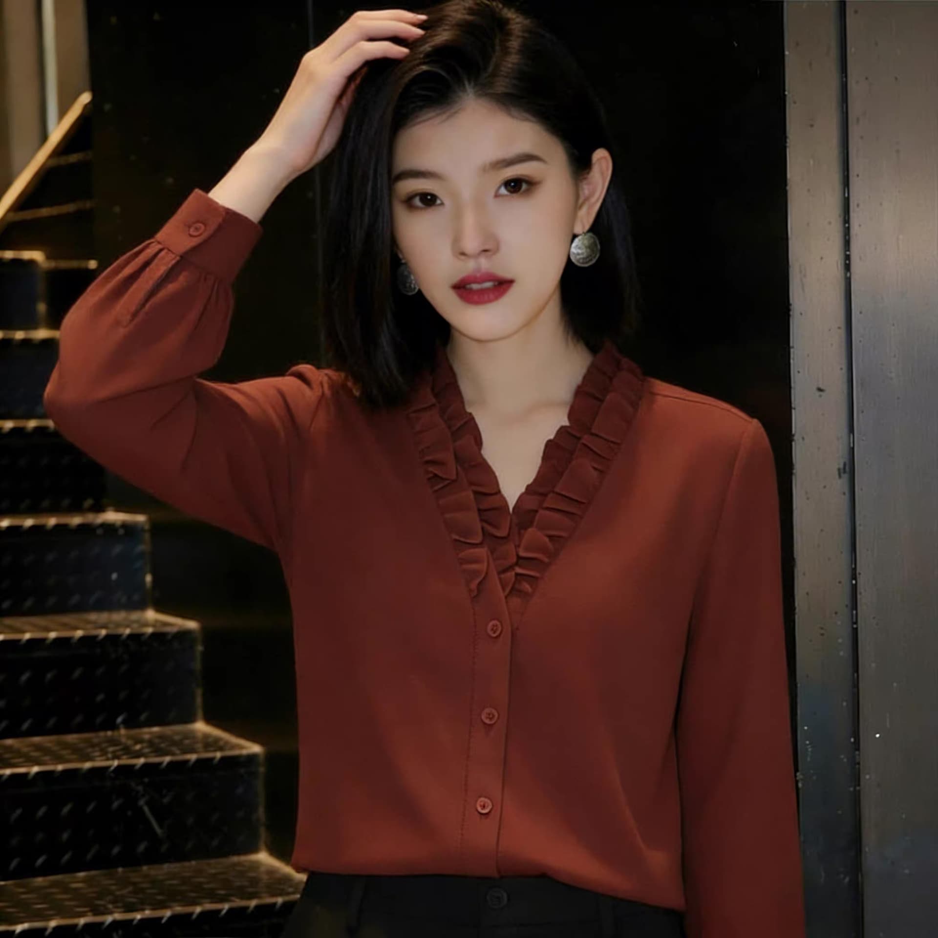 2026 가을 새로운 긴팔 여성 셔츠 다용도 루즈핏 레이스 V넥 슬림해 보이는 맨위 풀오버 품격 셔츠 상세 이미지 2
