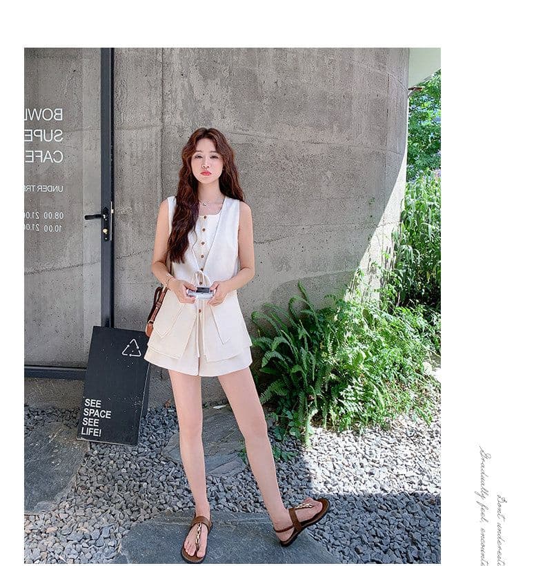 베이지 색 오래된 돈 바람 세트 여성 여름 2026 새로운 디자인 센스 품격 패션 고급 센스 베스트 반바지 투피스 세트 상세 이미지 1