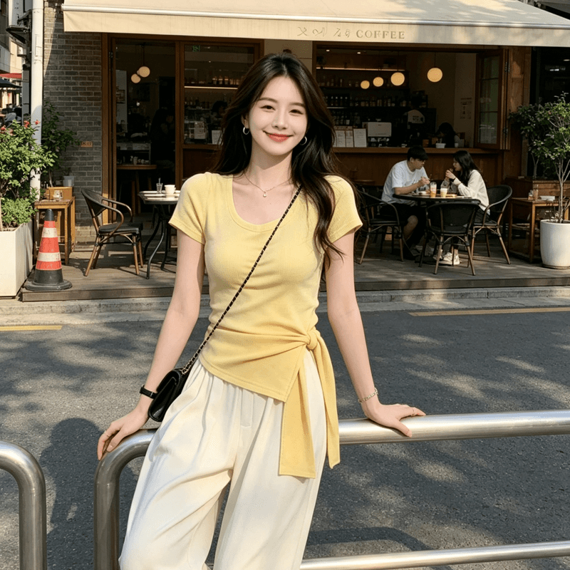 빅 사이즈 품격 스트랩 디자인 센스 광장 칼라 반팔 티셔츠 여성 여름 지방 mm 허리 수축 슬림해 보이는 Chic 아름다운 맨위 이미지 4