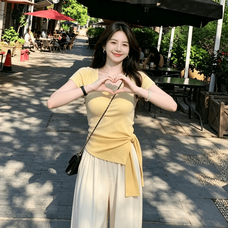 빅 사이즈 품격 스트랩 디자인 센스 광장 칼라 반팔 티셔츠 여성 여름 지방 mm 허리 수축 슬림해 보이는 Chic 아름다운 맨위