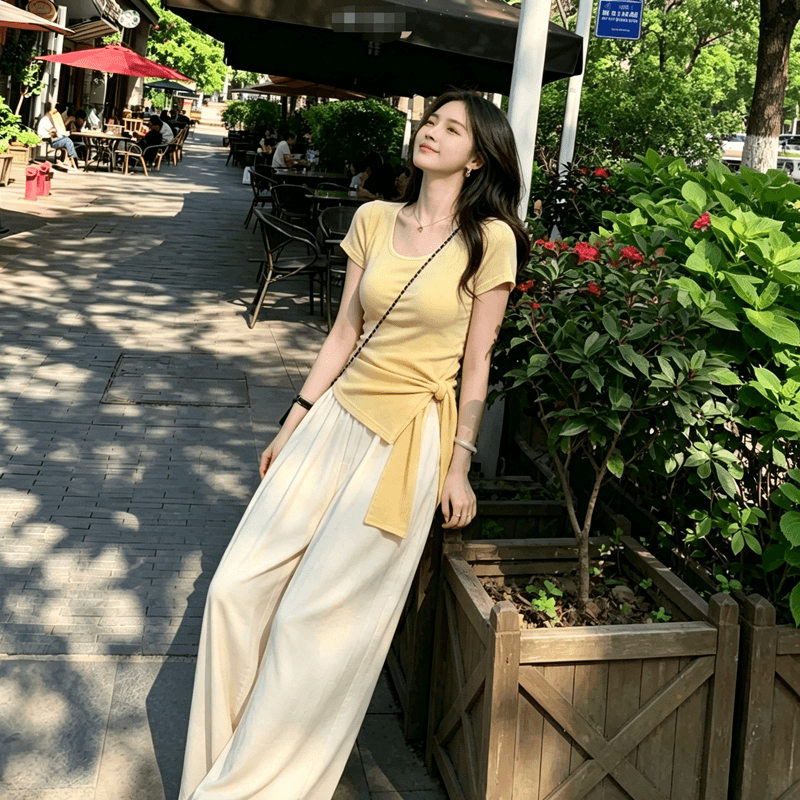 빅 사이즈 품격 스트랩 디자인 센스 광장 칼라 반팔 티셔츠 여성 여름 지방 mm 허리 수축 슬림해 보이는 Chic 아름다운 맨위 이미지 5