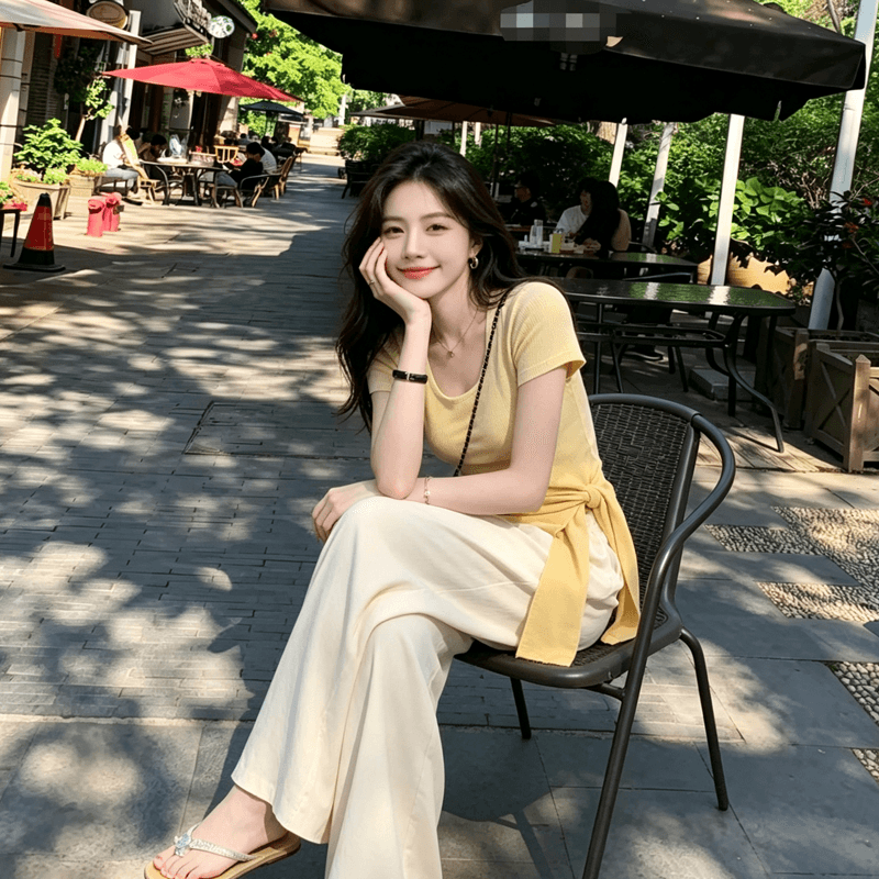 빅 사이즈 품격 스트랩 디자인 센스 광장 칼라 반팔 티셔츠 여성 여름 지방 mm 허리 수축 슬림해 보이는 Chic 아름다운 맨위 상세 이미지 2