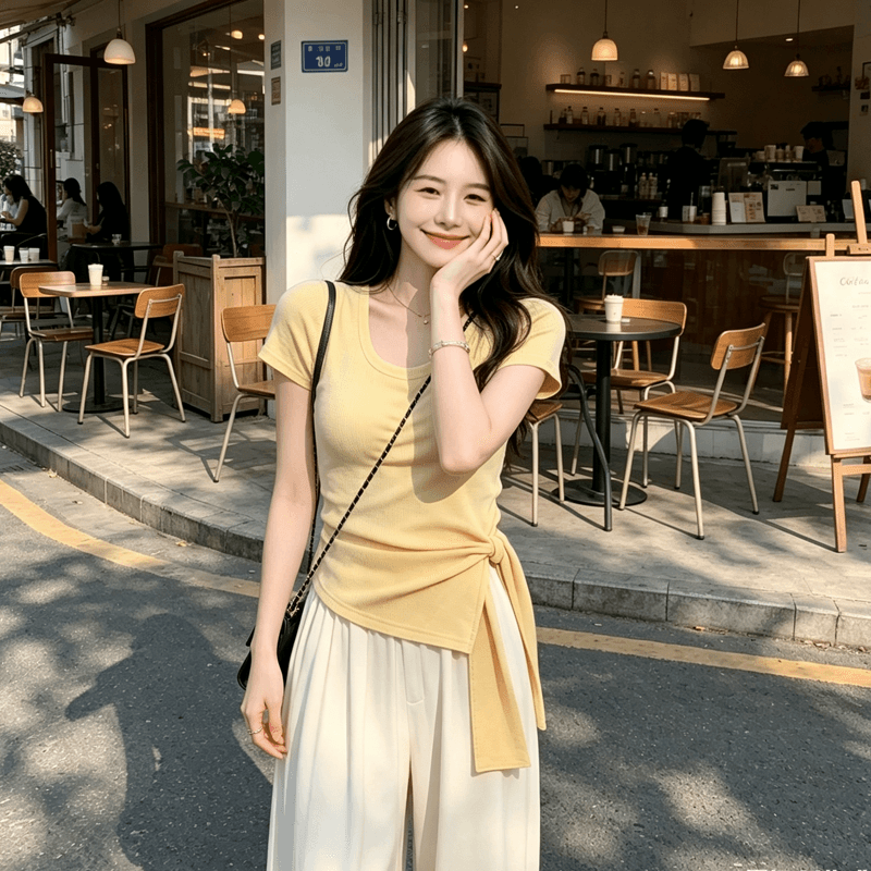 빅 사이즈 품격 스트랩 디자인 센스 광장 칼라 반팔 티셔츠 여성 여름 지방 mm 허리 수축 슬림해 보이는 Chic 아름다운 맨위 상세 이미지 9