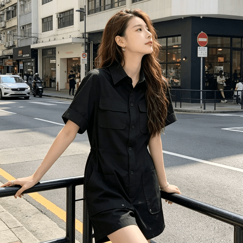 패션 루즈핏 캐주얼 점프 슈트 여름 2026 새로운 유럽 역 유럽 상품 트렌디 품격 연령 감소 반팔 일 상세 이미지 5