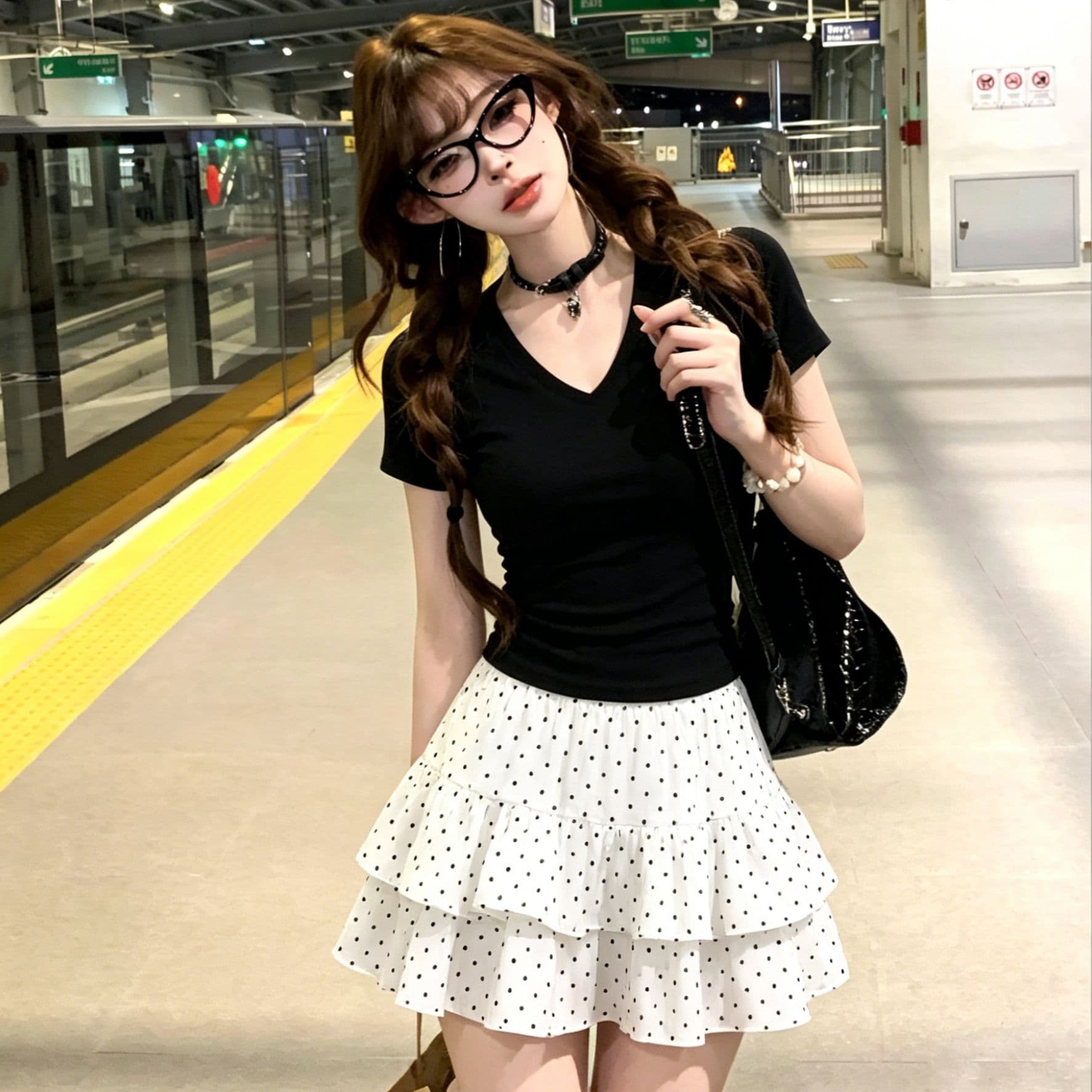 달콤한 매운맛 바람 v 칼라 몸매 가꾸기 블랙 t 셔츠 세트 여성 여름 새로운 도트 무늬 케이크 드레스 투피스 세트