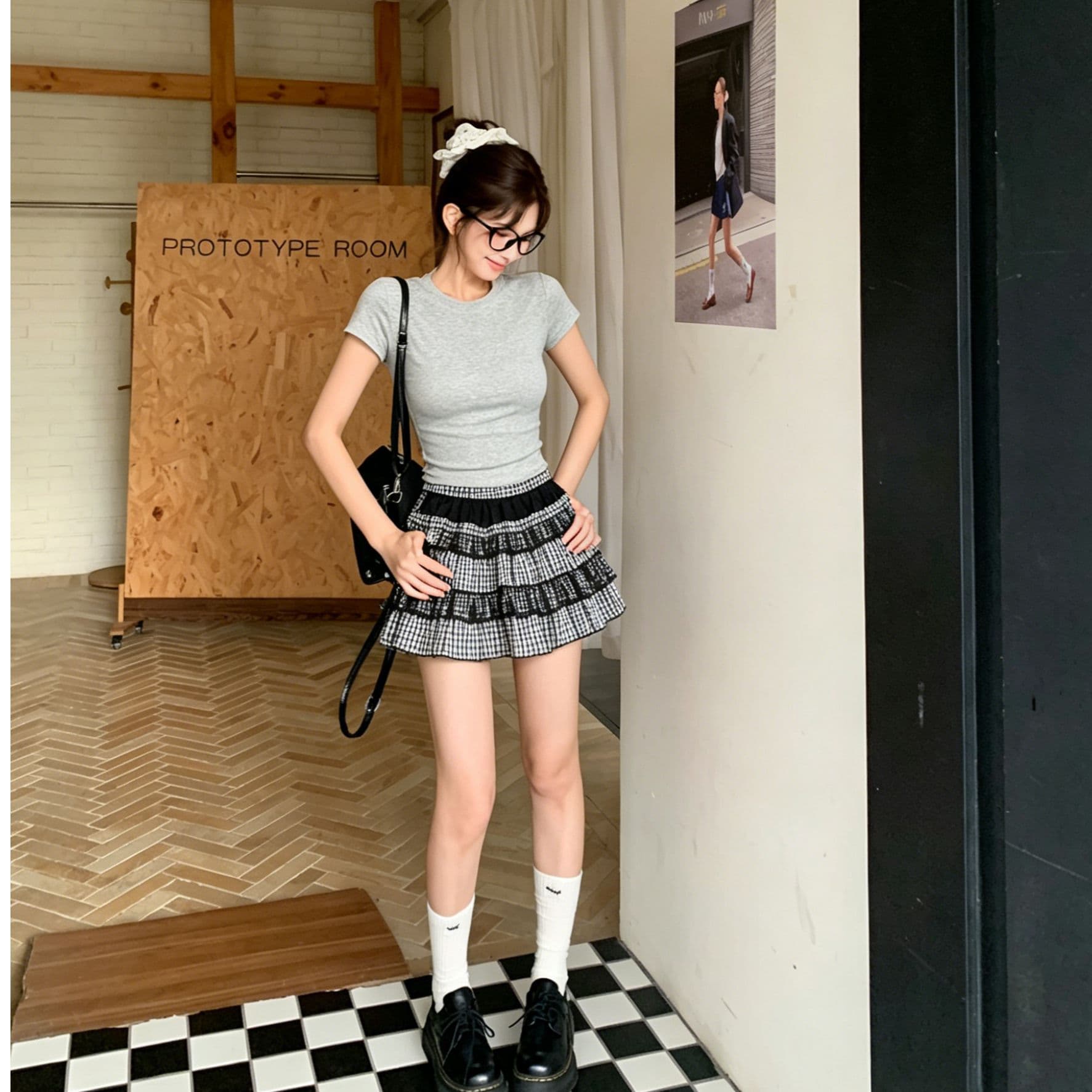 달콤한 매운맛 바람 회색 몸매 가꾸기 t 셔츠 세트 여성 여름 새로운 흑인과 백인 체크무늬 레이스 케이크 드레스 투피스 세트 이미지 3