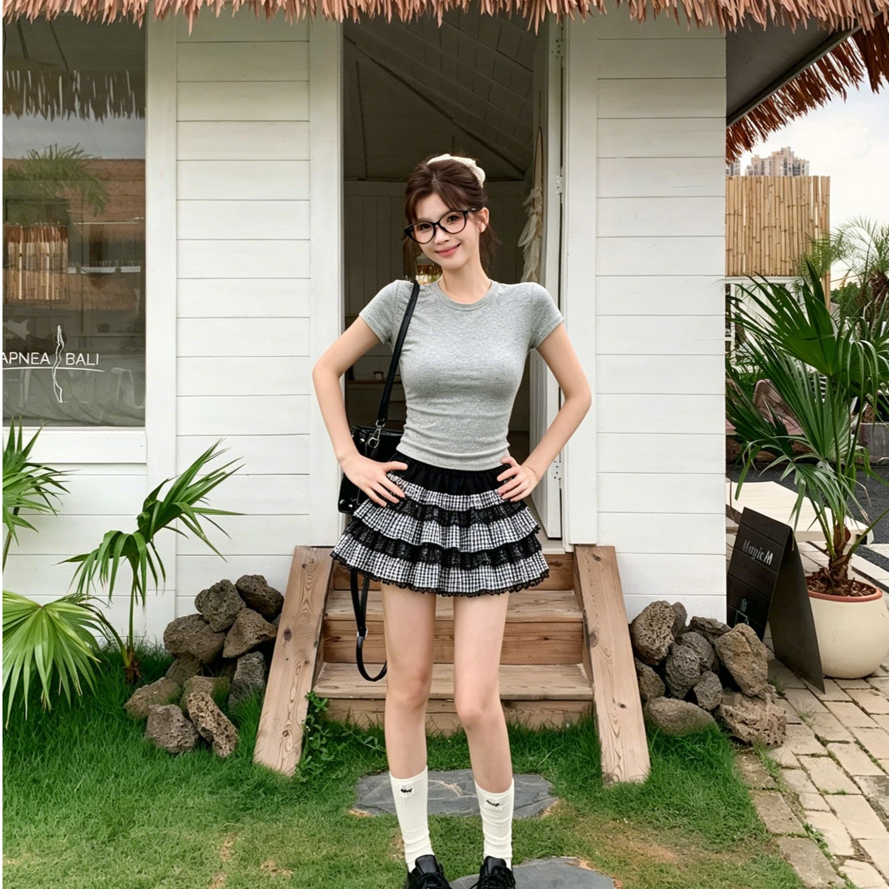 달콤한 매운맛 바람 회색 몸매 가꾸기 t 셔츠 세트 여성 여름 새로운 흑인과 백인 체크무늬 레이스 케이크 드레스 투피스 세트 이미지 4