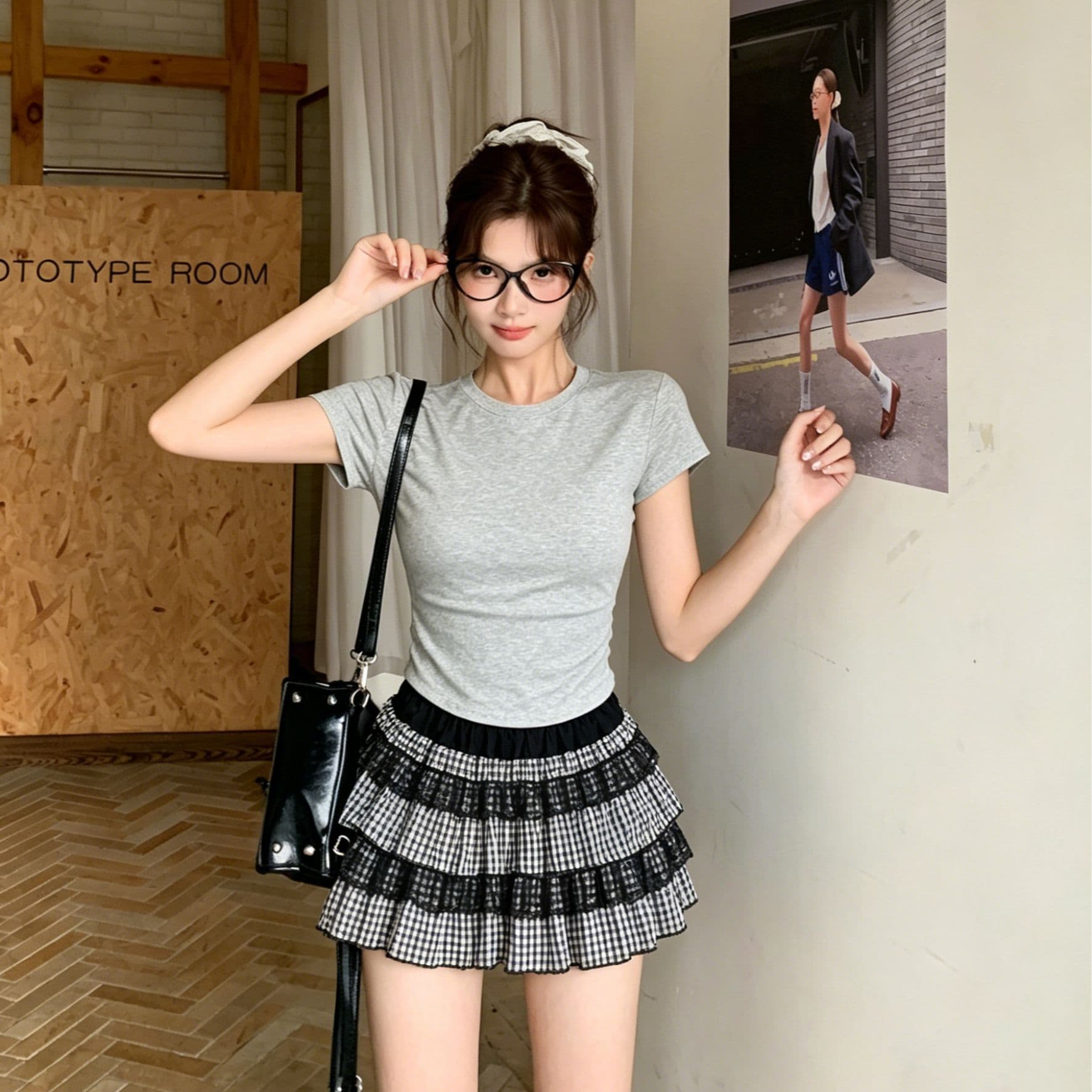 달콤한 매운맛 바람 회색 몸매 가꾸기 t 셔츠 세트 여성 여름 새로운 흑인과 백인 체크무늬 레이스 케이크 드레스 투피스 세트