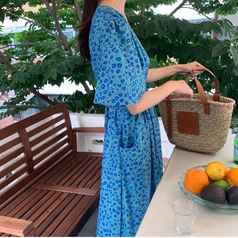 한국 chic 여름 프랑스식 레트로 V넥 레이스업 허리 수축 슬림해 보이는 주머니 반팔 꽃무늬 드레스 롱 스커트 여성 상세 이미지 5