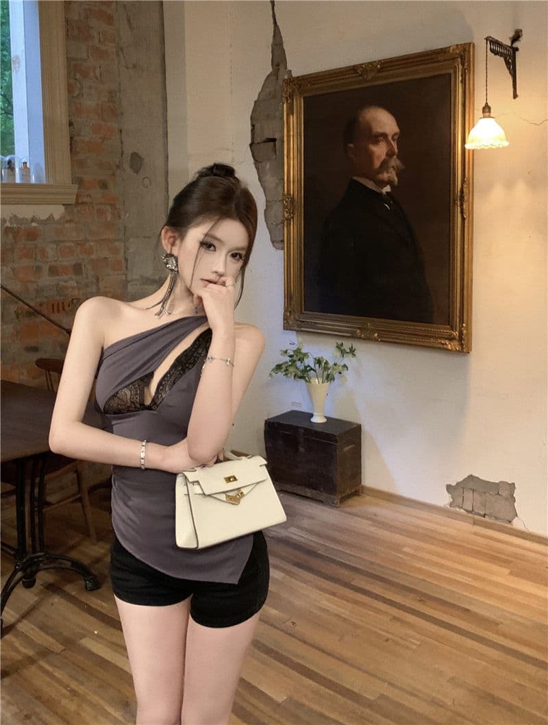 레이스 조각 비스듬한 어깨 캐미솔 여름 순수한 욕망 핫걸 작은 대중 주름 몸매 가꾸기 불규칙 맨위 외출용 상세 이미지 2