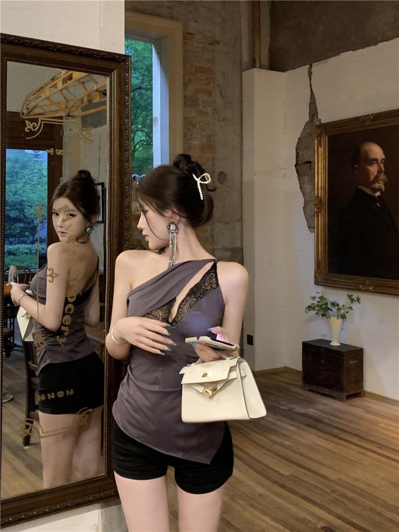 레이스 조각 비스듬한 어깨 캐미솔 여름 순수한 욕망 핫걸 작은 대중 주름 몸매 가꾸기 불규칙 맨위 외출용 상세 이미지 4
